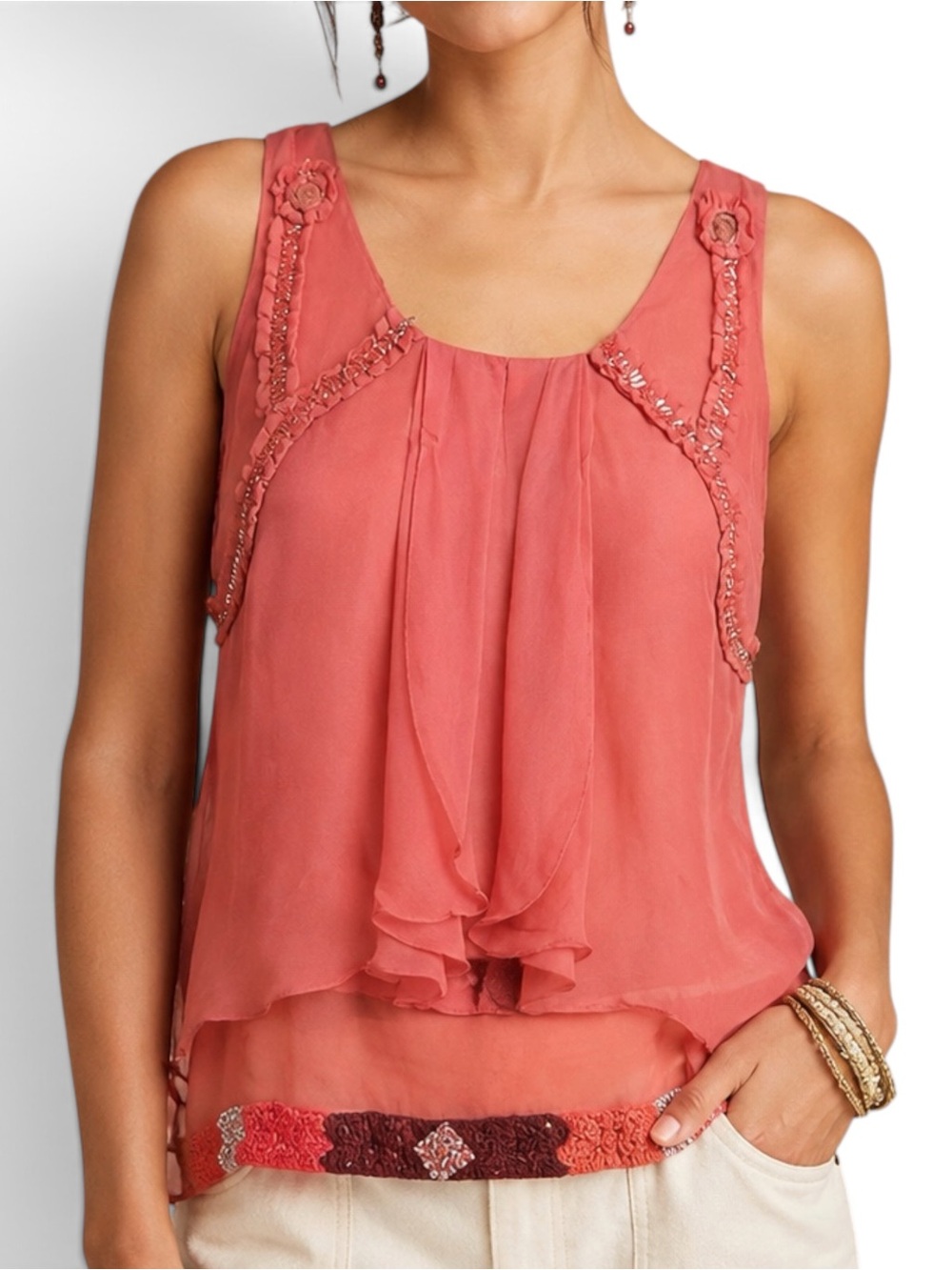 Saivana Anthropologie XS Pink 100% Silk Beaded Embroidered Boho Layered Tank